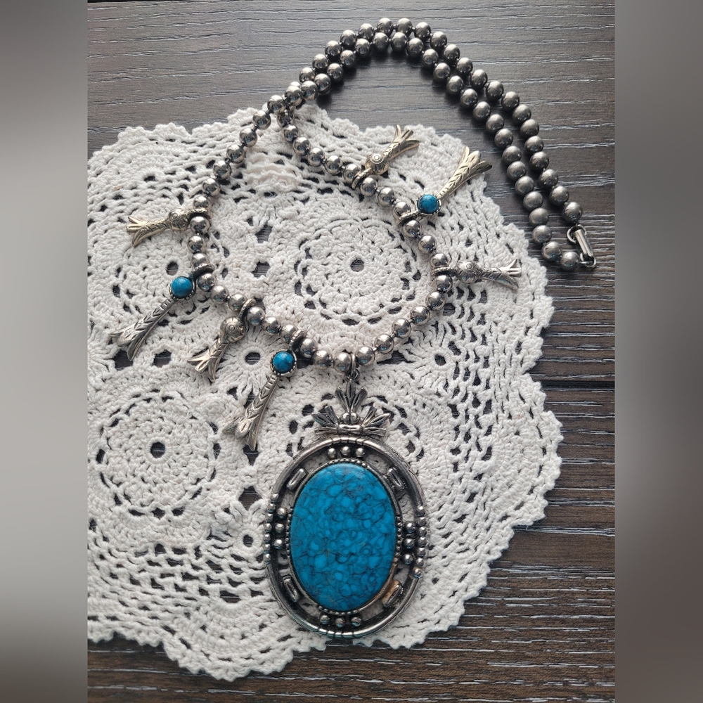 Vintage Art? squash blossom style faux turquoise silver stone necklace